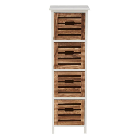 A tall, narrow chest of drawers featuring four wooden drawers with a slatted design, set against a white frame. The chest has a smooth top surface and slender legs, providing a modern and stylish look suitable for home decor