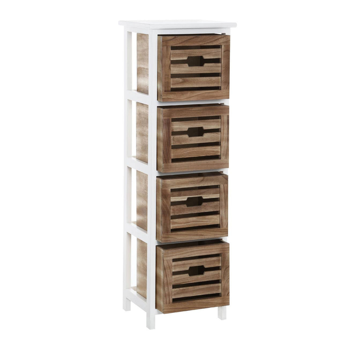 Four-drawer chest featuring a white frame with natural wood accents on the drawers, each adorned with a horizontal slat design and dark handles. The chest is tall and narrow, ideal for compact spaces, with a clean and modern aesthetic