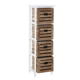 Four-drawer chest featuring a white frame with natural wood accents on the drawers, each adorned with a horizontal slat design and dark handles. The chest is tall and narrow, ideal for compact spaces, with a clean and modern aesthetic