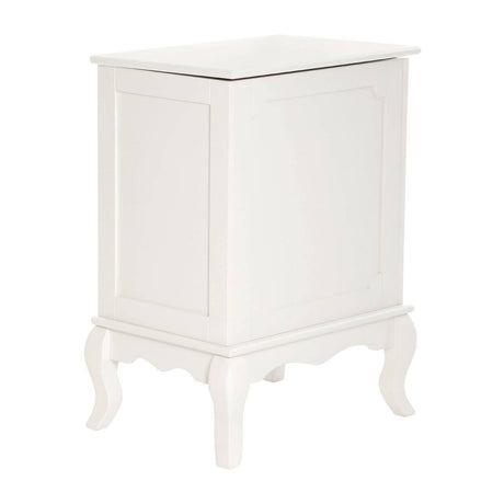 Ivory finish laundry hamper with a lift-up lid and decorative curved legs, featuring a simple and elegant design suitable for home decor
