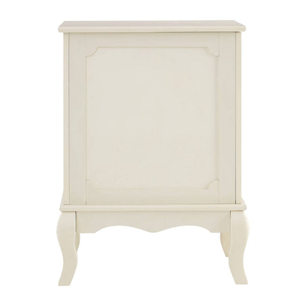 Ivory finish laundry hamper with a lift-up lid and decorative paneling, featuring curved legs and a classic design suitable for home decor