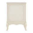 Ivory finish laundry hamper with a lift-up lid and decorative paneling, featuring curved legs and a classic design suitable for home decor