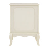 Ivory finish laundry hamper with a lift-up lid and decorative paneling, featuring curved legs and a classic design suitable for home decor