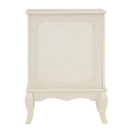 Ivory finish laundry hamper with a lift-up lid and decorative paneling, featuring curved legs and a classic design suitable for home decor