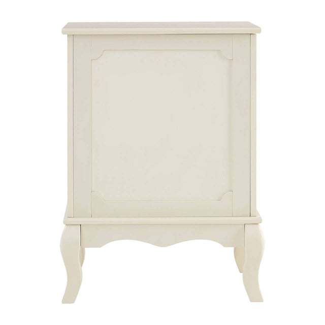 Ivory finish laundry hamper with a lift-up lid and decorative paneling, featuring curved legs and a classic design suitable for home decor
