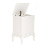 Ivory finish laundry hamper with a lift-up lid and decorative legs, showcasing a clean and elegant design suitable for home decor. The lid is partially open, revealing the interior space