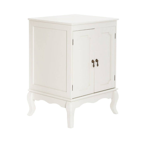 Ivory finish cabinet with double doors, featuring decorative hardware and elegant curved legs, designed for home furniture storage