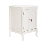 Ivory finish cabinet with double doors, featuring decorative hardware and elegant curved legs, designed for home furniture storage