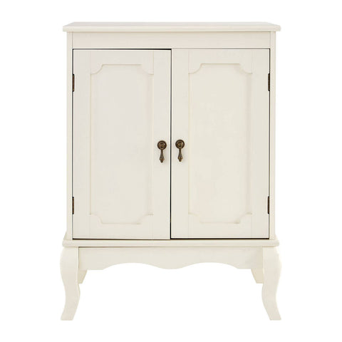 Double door cabinet with an ivory finish, featuring a classic design with curved legs and decorative paneling on the doors. The cabinet has two brass handles and a smooth surface, suitable for various home decor styles