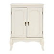 Double door cabinet with an ivory finish, featuring a classic design with curved legs and decorative paneling on the doors. The cabinet has two brass handles and a smooth surface, suitable for various home decor styles