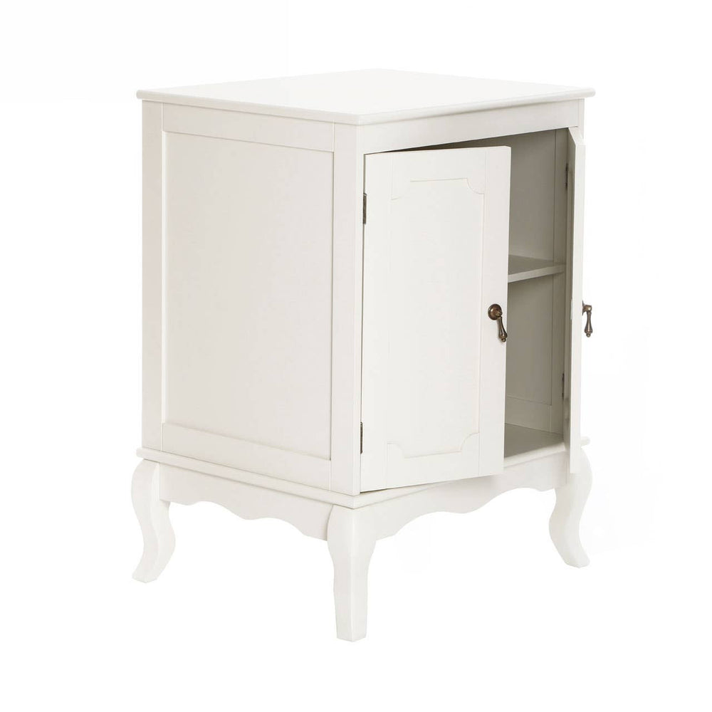 Ivory finish cabinet with a double door design, featuring elegant curved legs and a single interior shelf, suitable for home storage and decor