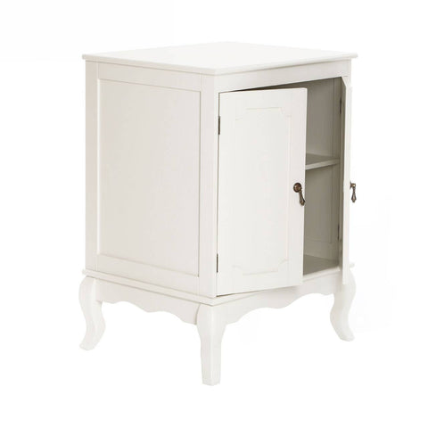 Ivory finish cabinet with a double door design, featuring elegant curved legs and a single interior shelf, suitable for home storage and decor