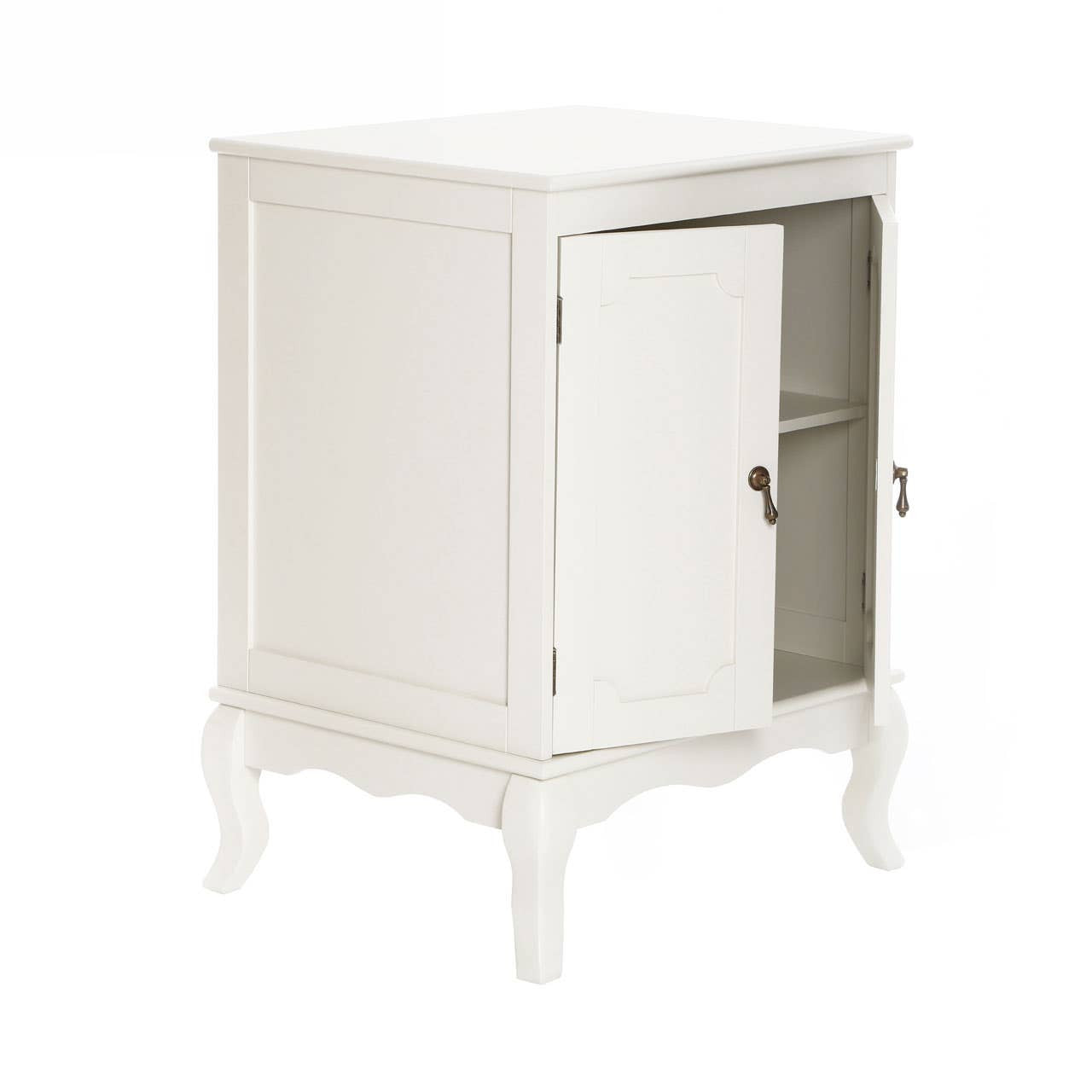 Ivory finish cabinet with a double door design, featuring elegant curved legs and a single interior shelf, suitable for home storage and decor