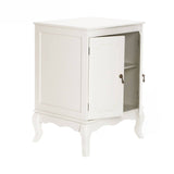 Ivory finish cabinet with a double door design, featuring elegant curved legs and a single interior shelf, suitable for home storage and decor