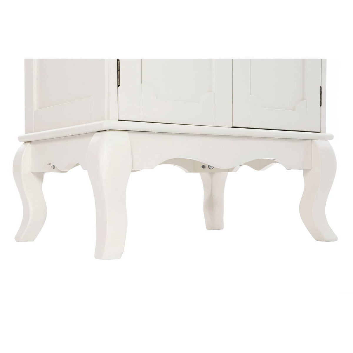 Ivory finish cabinet with double doors and decorative curved legs, featuring a classic design suitable for home furniture