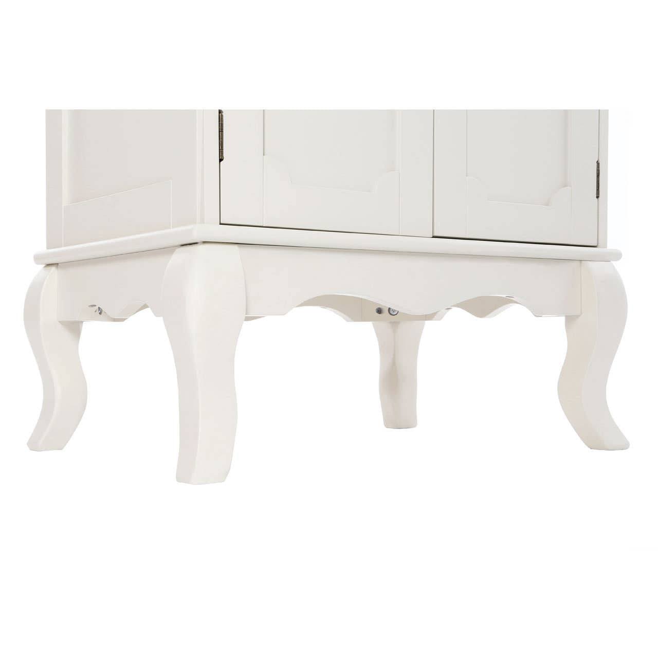 Ivory finish cabinet with double doors and decorative curved legs, featuring a classic design suitable for home furniture