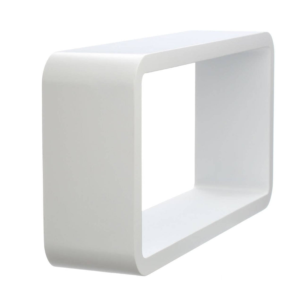 White floating wall cube with a rectangular shape and an open center, designed for displaying decorative items or storage. The surface has a smooth finish, reflecting light subtly