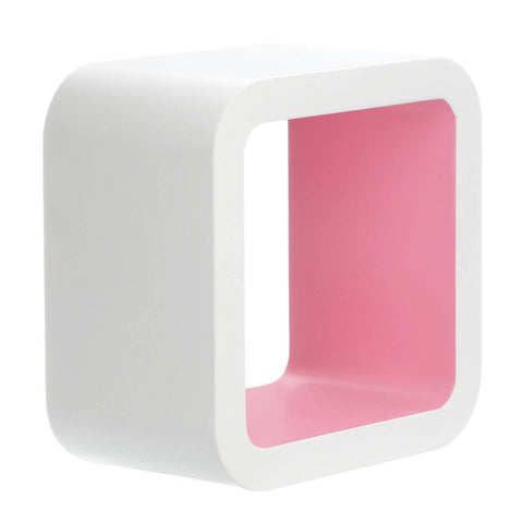 White floating wall cube with a pink interior, featuring a modern, minimalist design suitable for home decor. The cube has rounded edges and a hollow center, ideal for displaying small items or decorative pieces