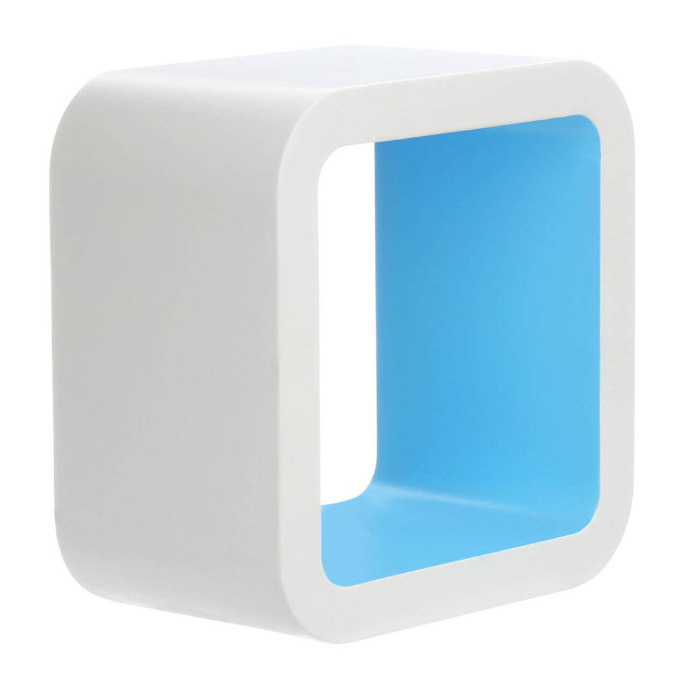 A white floating wall cube with a bright blue interior, featuring a modern and minimalist design suitable for home decor