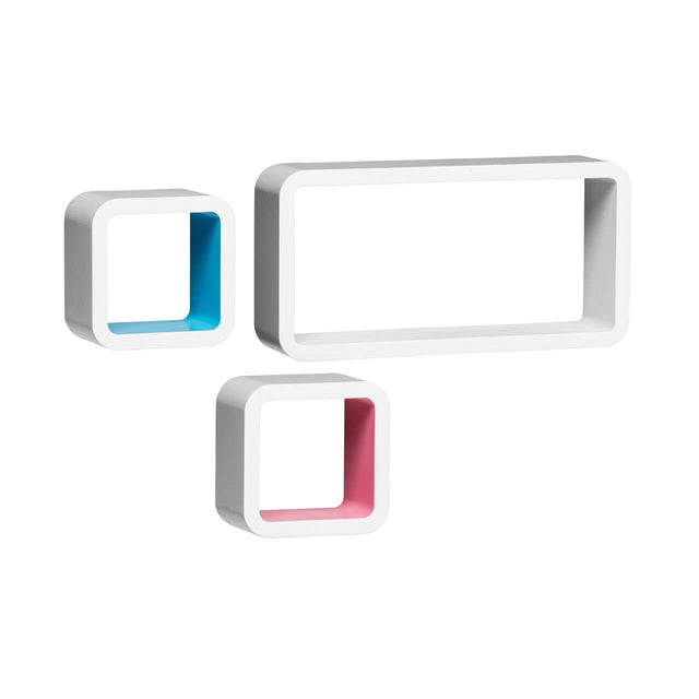 Three floating wall cubes in white, featuring one large rectangular cube and two smaller square cubes. The smaller cubes have colored interiors, one in blue and the other in pink, creating a modern and stylish display option for home decor