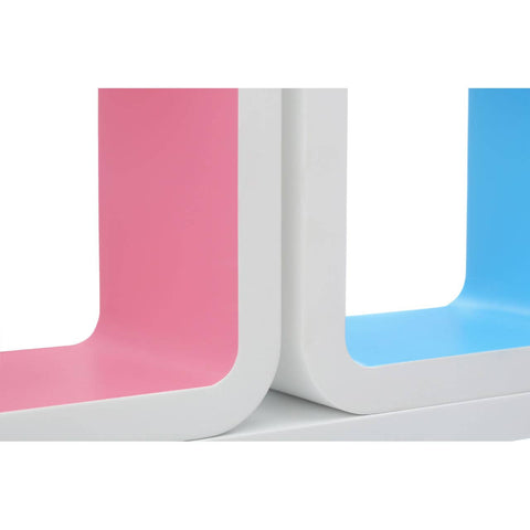 Three floating wall cubes in white, featuring colorful interiors in pink and blue. The cubes have a modern, sleek design with rounded edges, showcasing the vibrant colors against the white exterior
