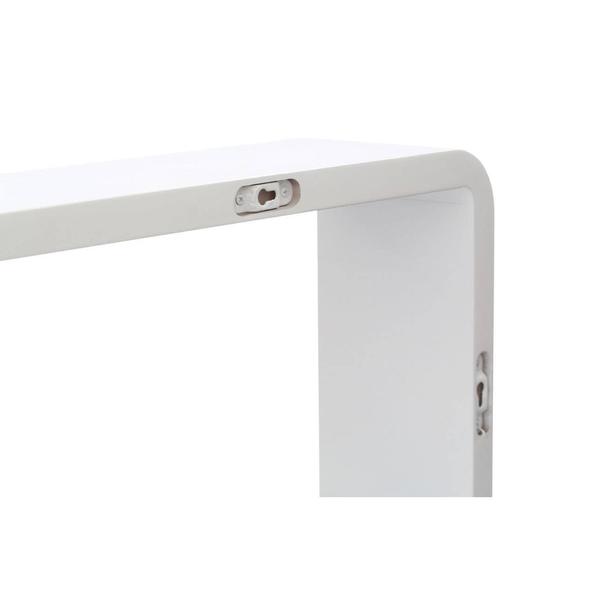 Close-up view of a white floating wall cube, showcasing its sleek design and smooth edges, with a visible mounting bracket on the side for easy installation