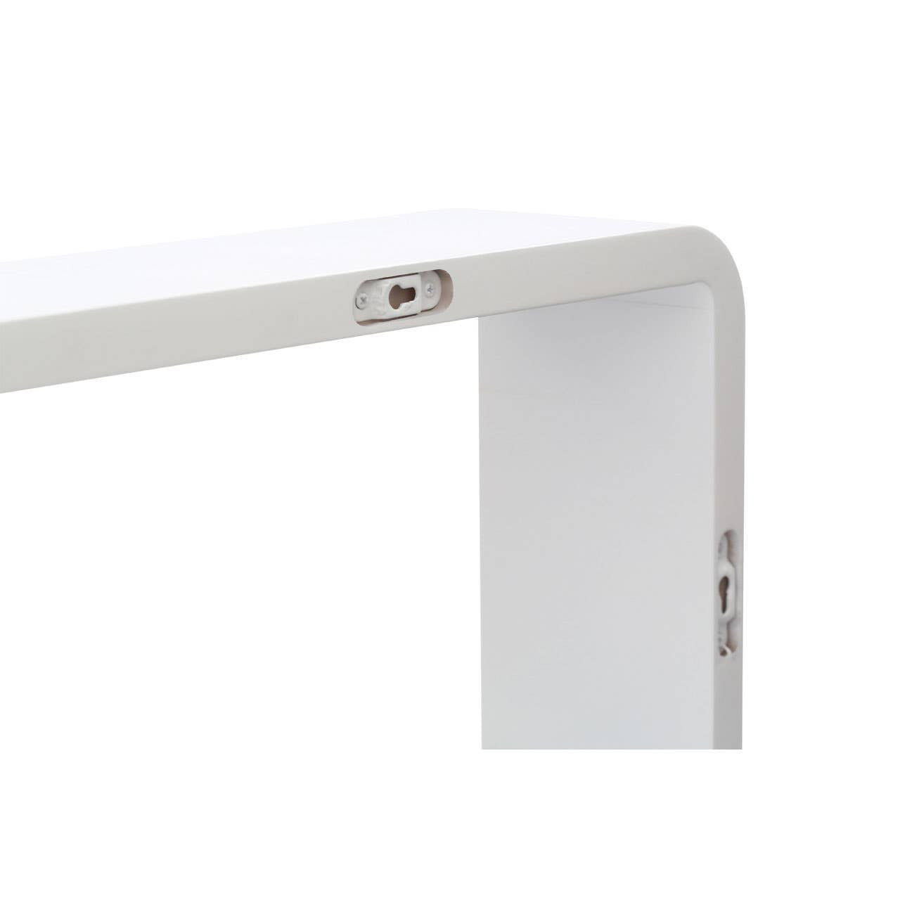 Close-up view of a white floating wall cube, showcasing its sleek design and smooth edges, with a visible mounting bracket on the side for easy installation