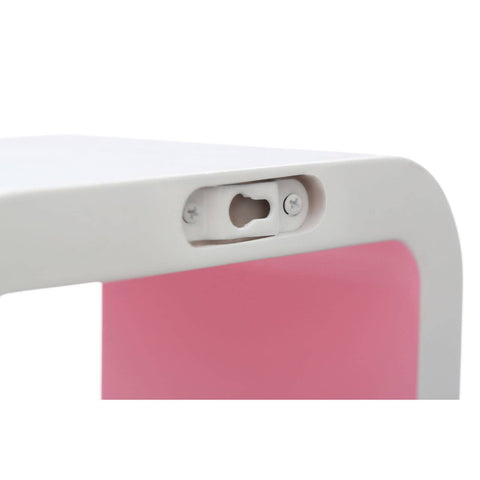 Close-up view of a white floating wall cube featuring a pink back panel, showcasing a smooth edge and a mounting bracket for easy installation