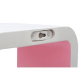 Close-up view of a white floating wall cube featuring a pink back panel, showcasing a smooth edge and a mounting bracket for easy installation