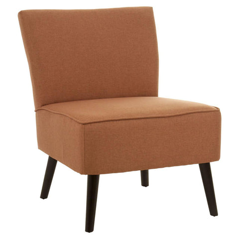 Rust brown fabric accent chair with black legs and modern armless design