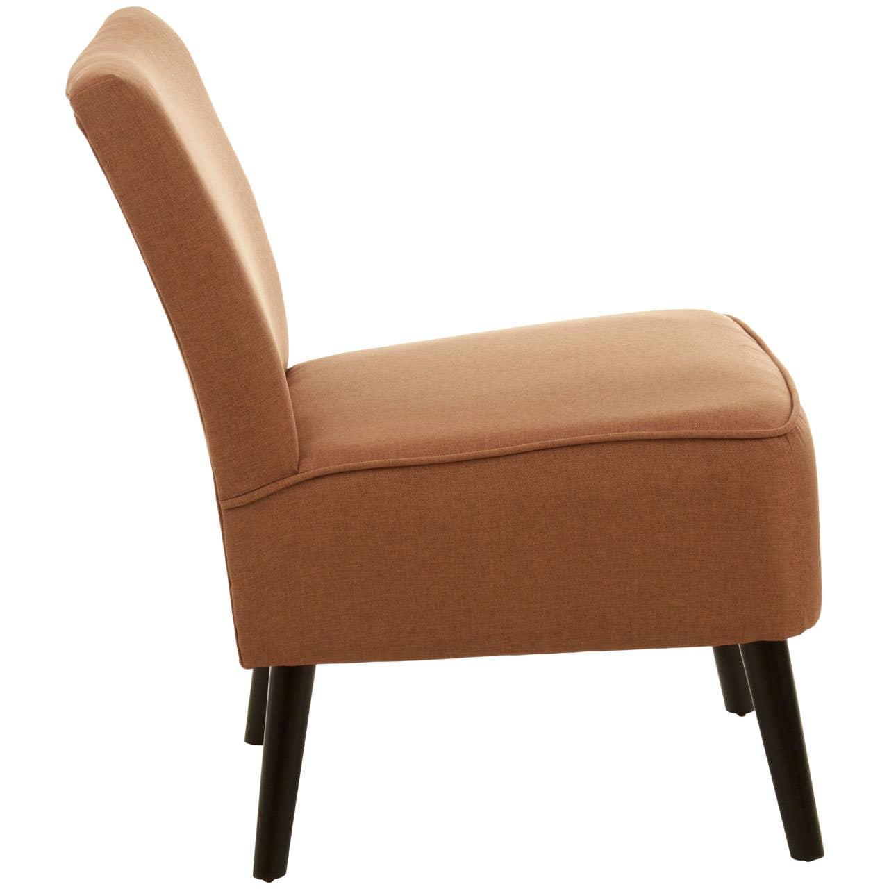 Side view of armless accent chair with brown upholstery and black wooden legs