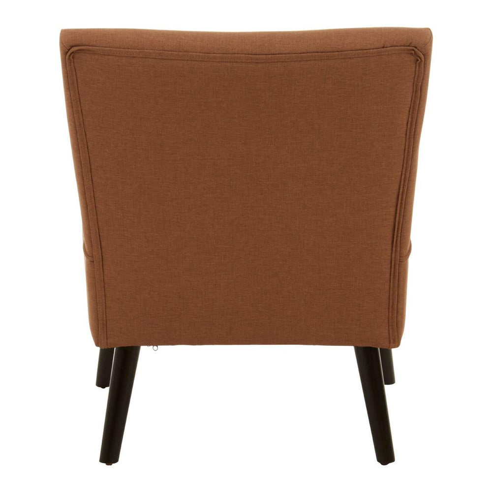 Brown fabric armchair rear view with black legs and piped seam detailing