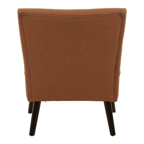 Brown fabric armchair rear view with black legs and piped seam detailing