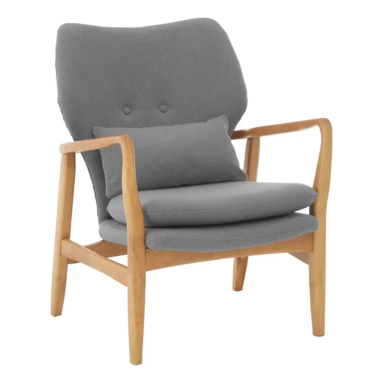 Grey fabric armchair with wooden frame and cushion, mid-century modern accent chair