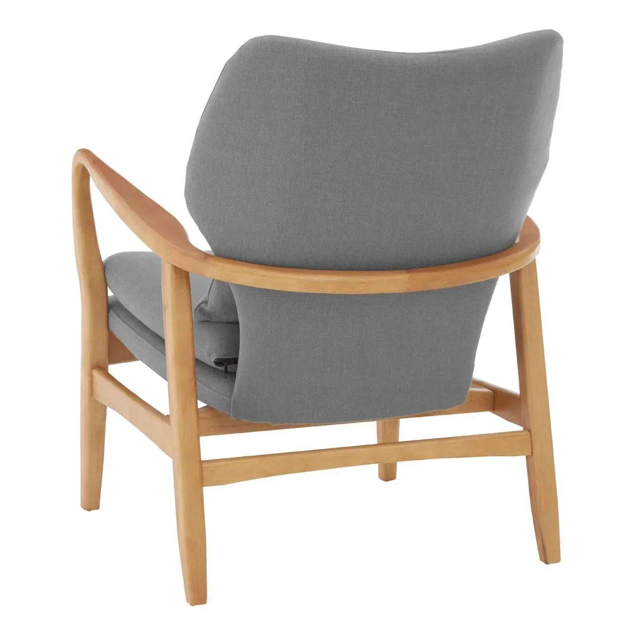 Grey fabric accent chair with light wood frame shown from rear angle