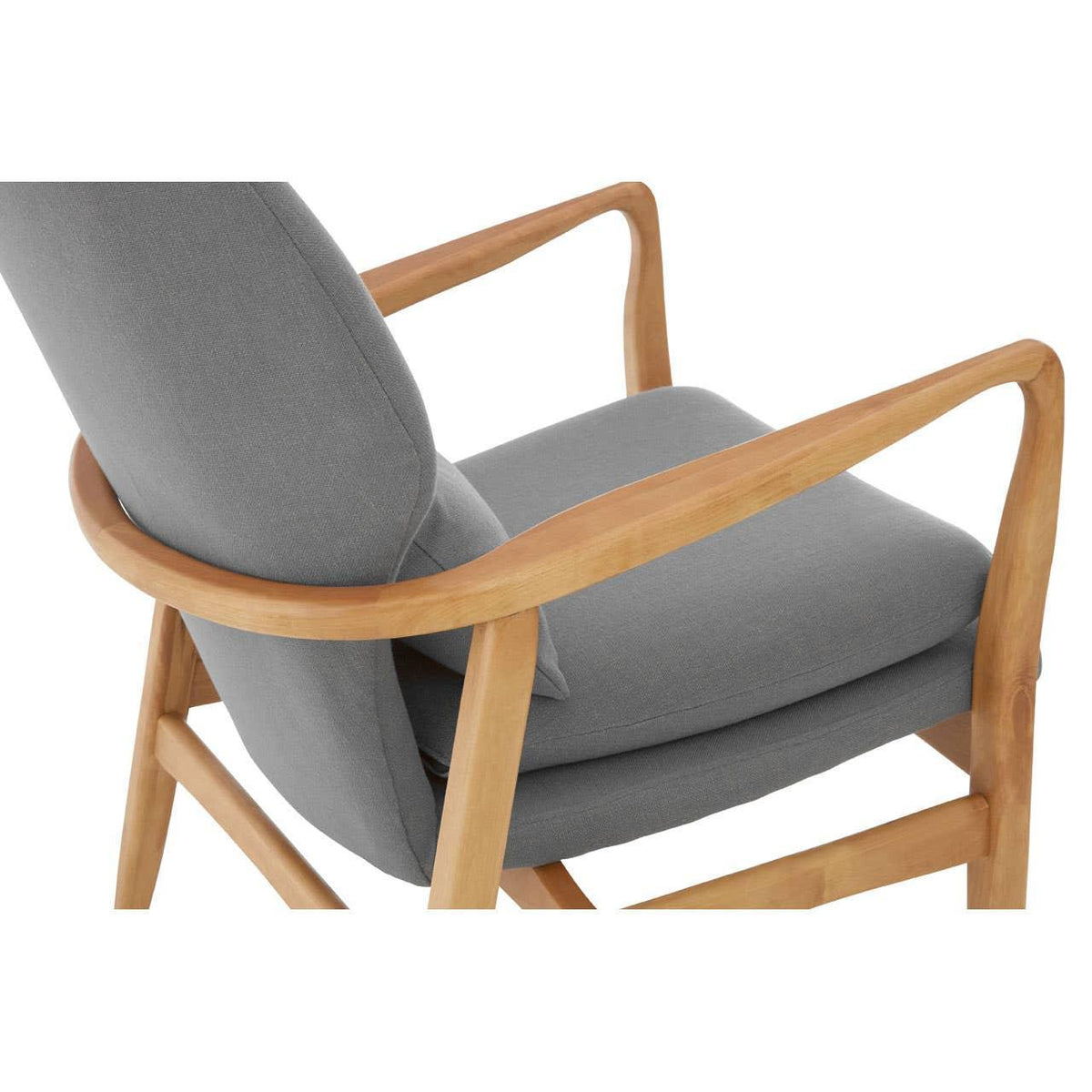 Grey fabric lounge chair with light wood frame and armrests, side angle view