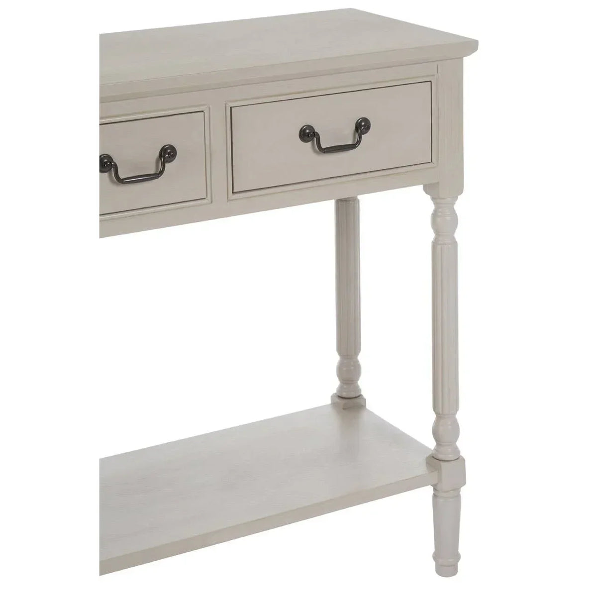 Light wood console table with two drawers, lower shelf, and turned legs