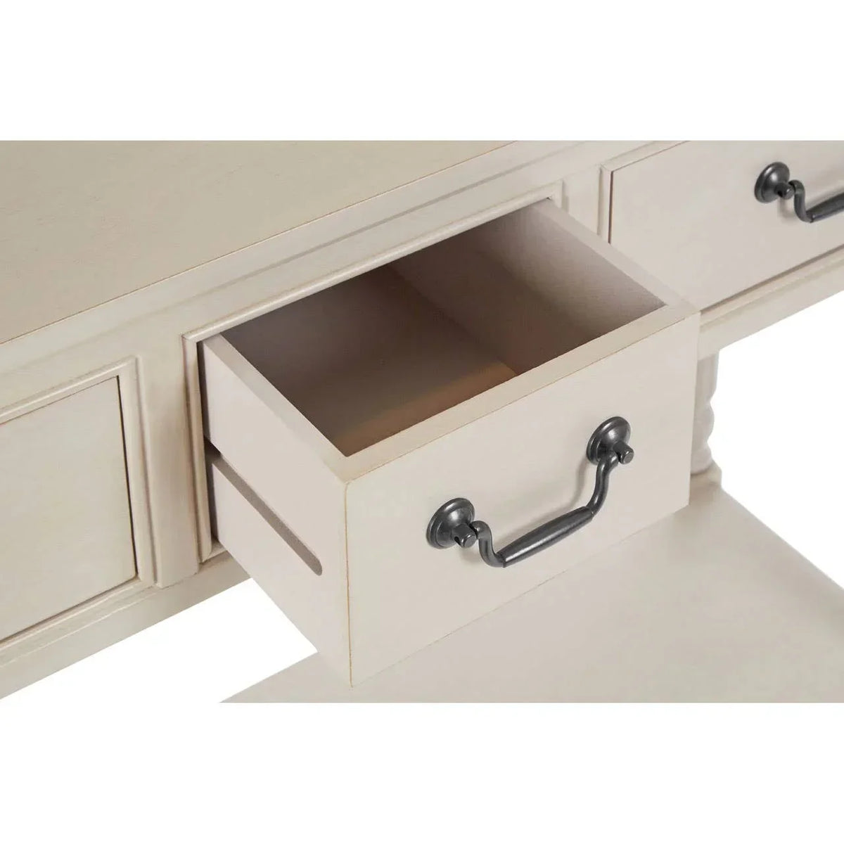 Cream wood console table with open drawer and metal handle
