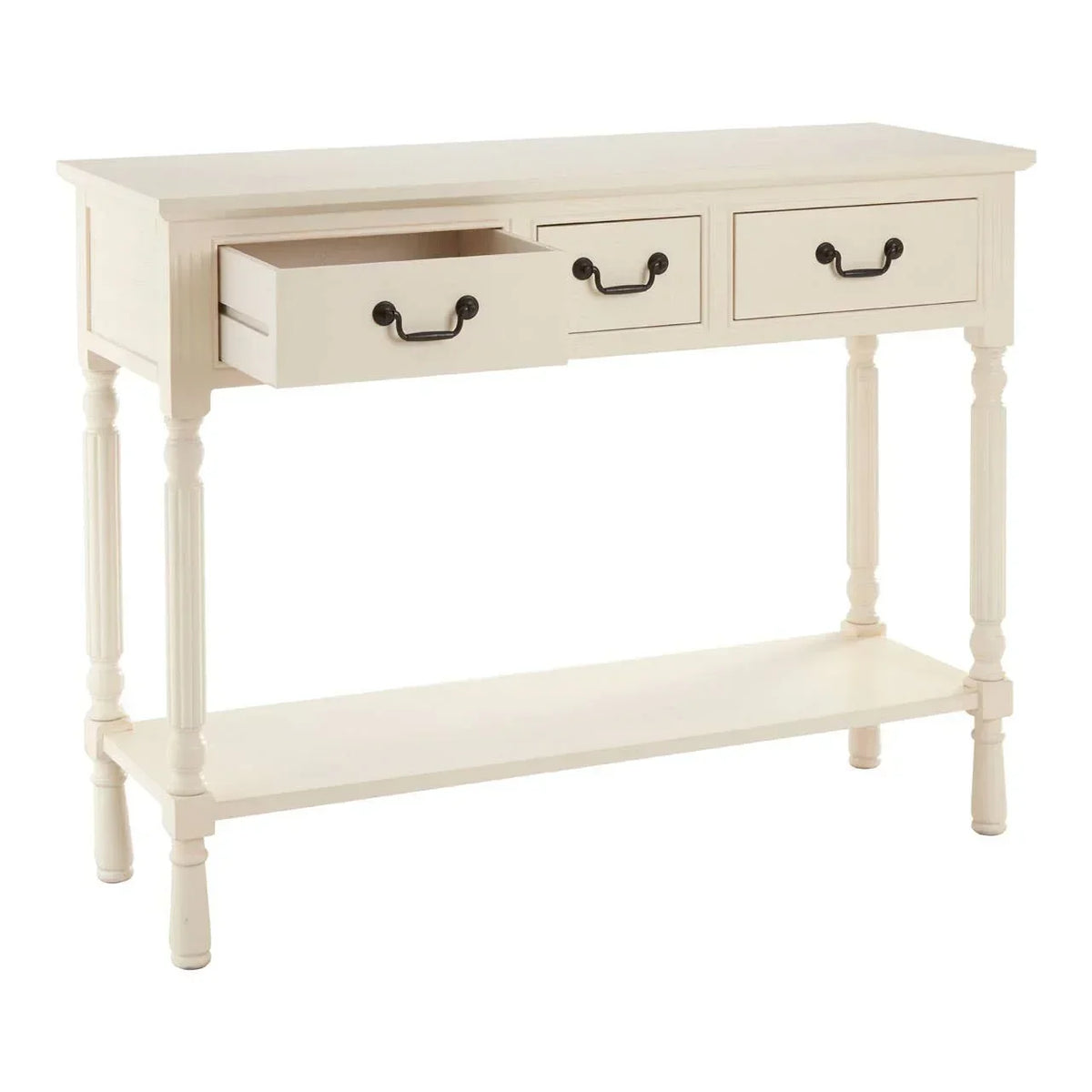 Cream console table with three drawers, lower shelf, and turned wooden legs