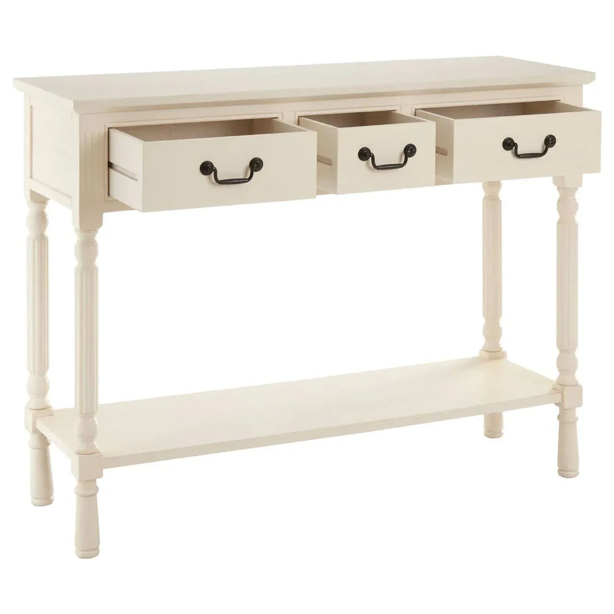 Cream console table with three open drawers, lower shelf, and turned wooden legs