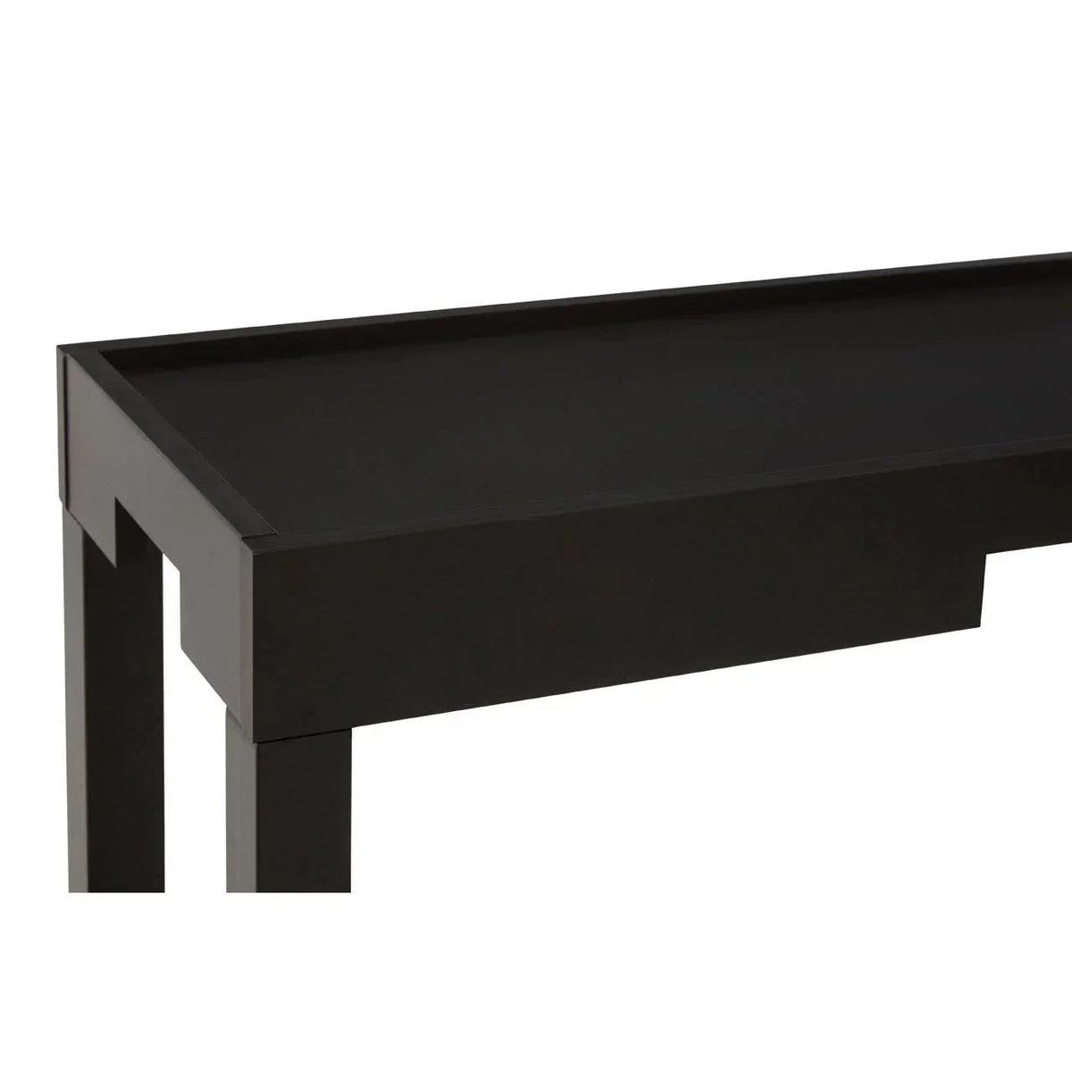 Black wooden console table with clean lines and raised edge detail, angled side view