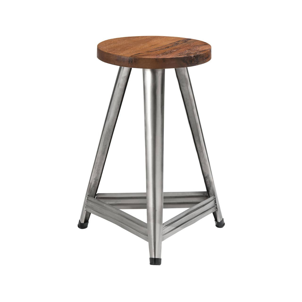 Large wooden stool featuring a round top with a rich wood grain finish, supported by a sturdy base in an antique silver finish. The base has a triangular design with four legs, providing stability and a modern industrial look