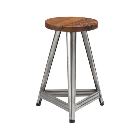 Large wooden stool featuring a round top with a rich wood grain finish, supported by a sturdy base in an antique silver finish. The base has a triangular design with four legs, providing stability and a modern industrial look