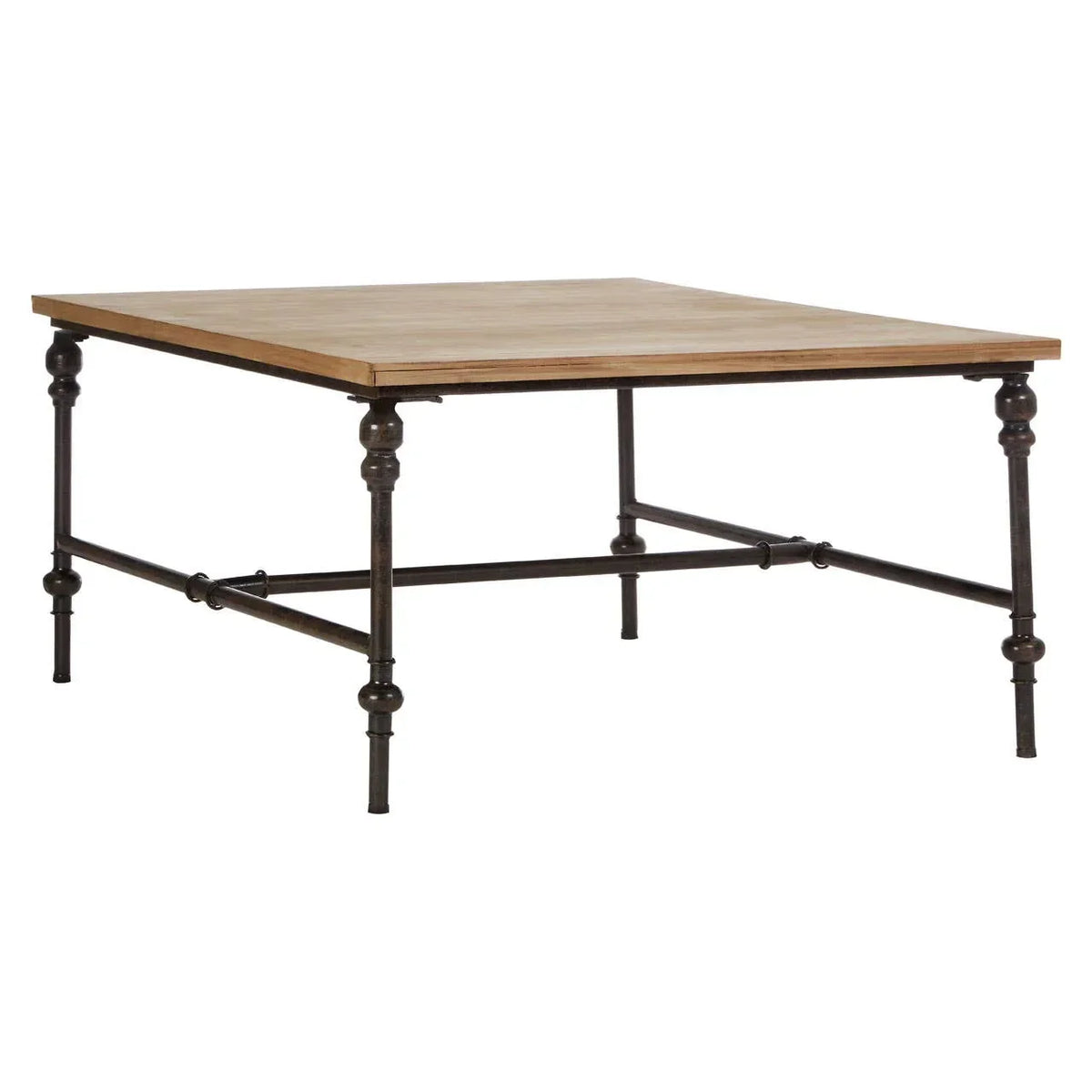 Square coffee table with wooden top and black metal legs, industrial style