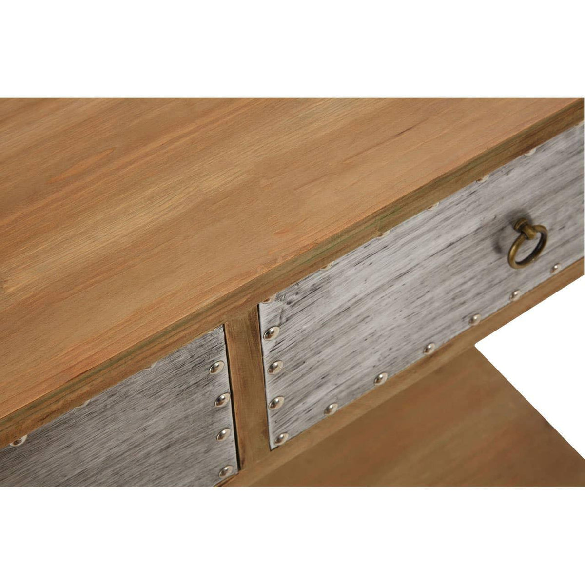 Rustic wooden console table with rivet details and metal ring handles on drawers