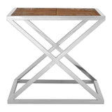 Modern side table with metal frame and square wooden top, geometric cross base