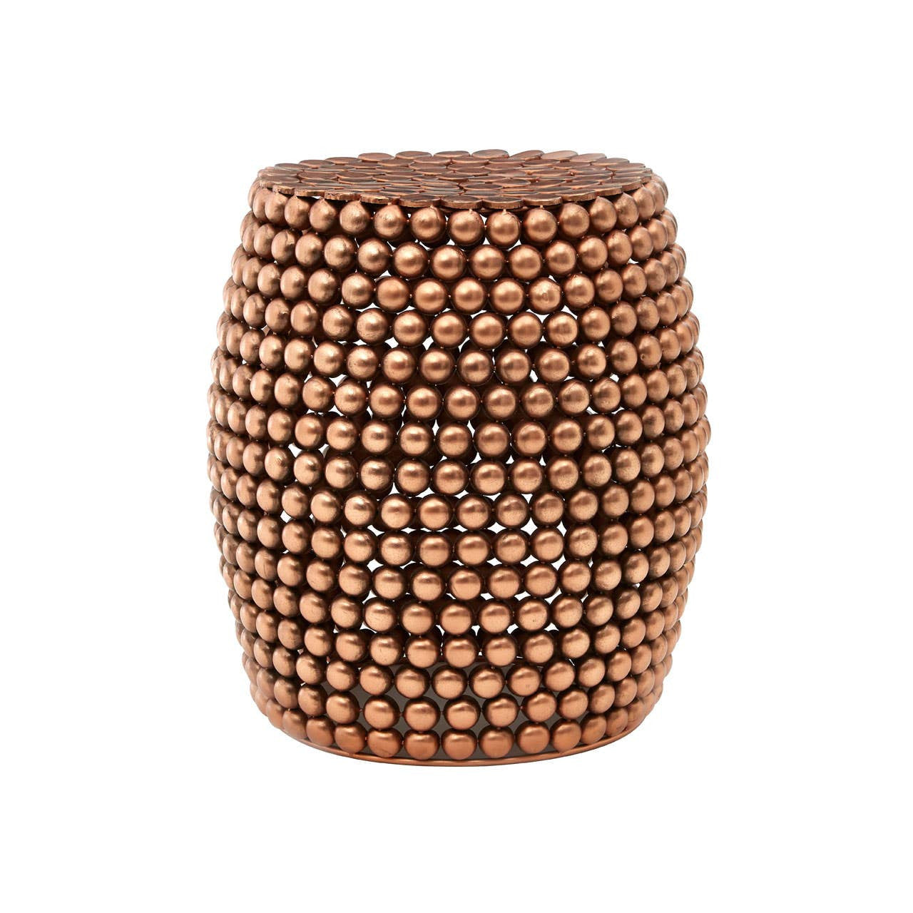Copper finish barrel stool with a textured surface featuring a pattern of small, raised dots, creating a stylish and modern look. The stool has a rounded shape and a sturdy base, suitable for use as extra seating or a decorative accent in home interiors
