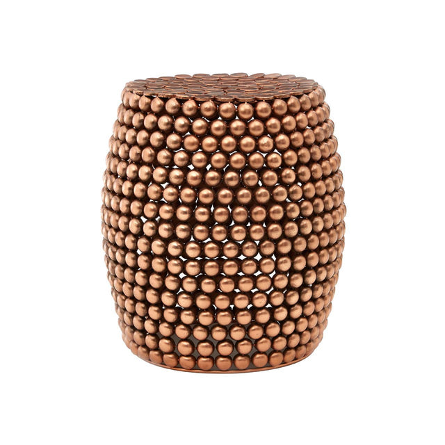 Copper finish barrel stool with a textured surface featuring a pattern of small, raised dots, creating a stylish and modern look. The stool has a rounded shape and a sturdy base, suitable for use as extra seating or a decorative accent in home interiors