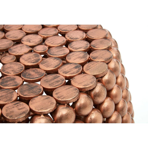 Copper finish barrel stool featuring a unique design made up of numerous small, shiny copper-colored discs arranged closely together, creating a textured surface. The stool has a rounded shape and a smooth top, suitable for use as seating or a decorative accent in home interiors