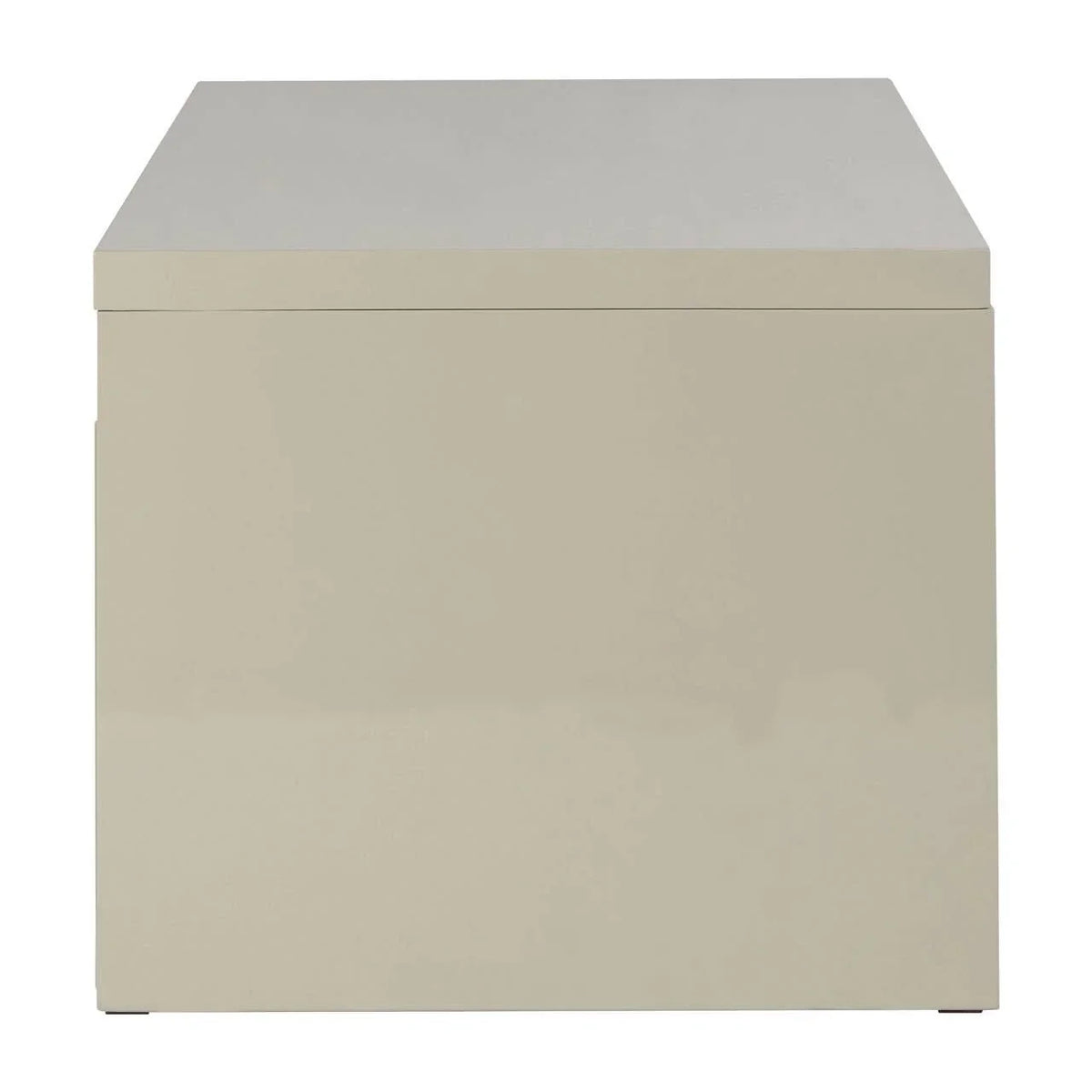 Beige gloss side table with clean lines and flat top surface, front angle view
